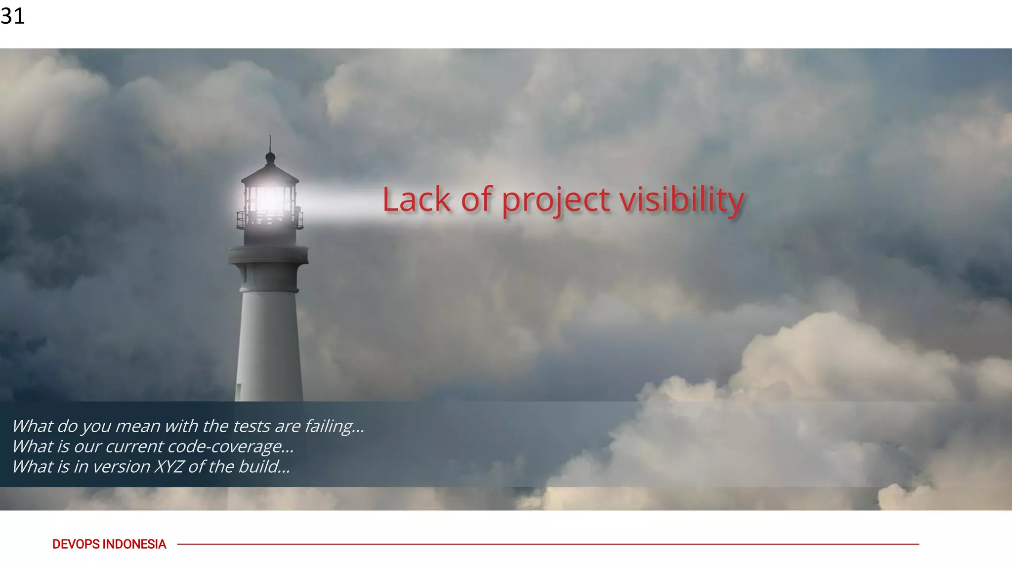 PAGE31
DEVOPS INDONESIA
31
Lack of project visibility
What do you mean with the tests are failing…
What is our current code-coverage…
What is in version XYZ of the build…
 