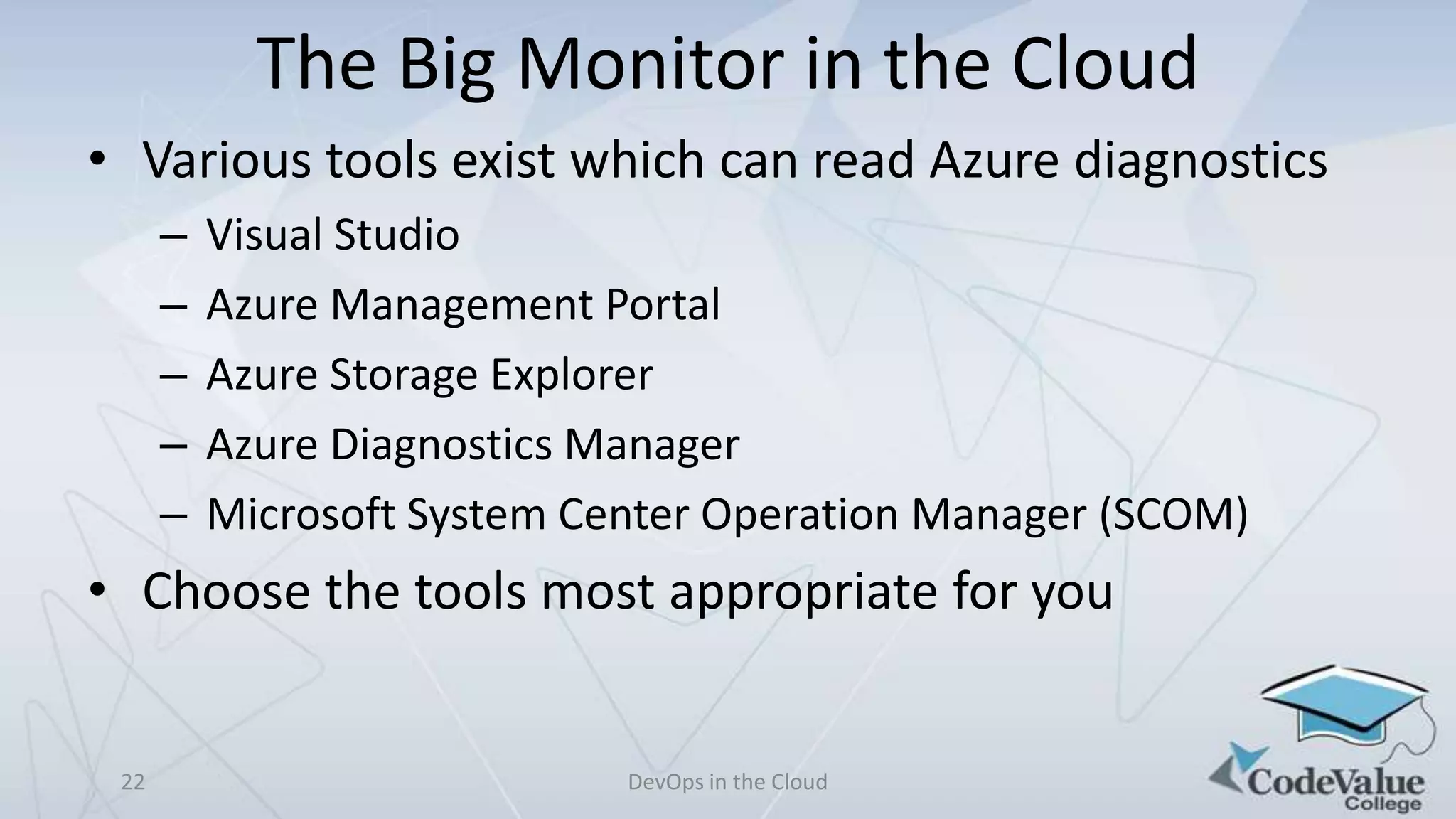 The Big Monitor in the Cloud
• Various tools exist which can read Azure diagnostics
–
–
–
–
–

Visual Studio
Azure Management Portal
Azure Storage Explorer
Azure Diagnostics Manager
Microsoft System Center Operation Manager (SCOM)

• Choose the tools most appropriate for you

22

DevOps in the Cloud

 