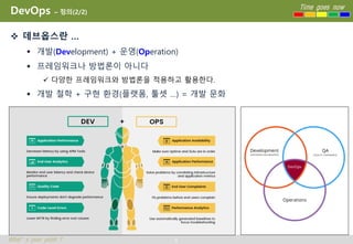 4
Time goes now
What’s your point ?
DevOps – 정의(2/2)
 데브옵스란 …
 개발(Development) + 운영(Operation)
 프레임워크나 방법론이 아니다
 다양한 프레임워크와 방법론을 적용하고 활용한다.
 개발 철학 + 구현 환경(플랫폼, 툴셋 …) = 개발 문화
 