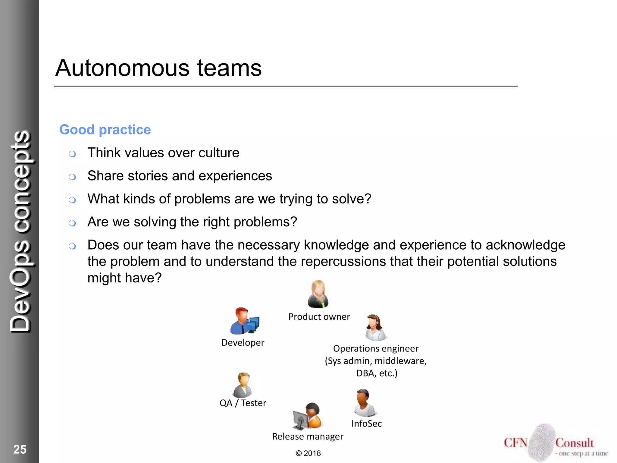 25
Autonomous teams
Good practice
 Think values over culture
 Share stories and experiences
 What kinds of problems are we trying to solve?
 Are we solving the right problems?
 Does our team have the necessary knowledge and experience to acknowledge
the problem and to understand the repercussions that their potential solutions
might have?
© 2018
DevOpsconcepts
Product owner
Operations engineer
(Sys admin, middleware,
DBA, etc.)
Developer
QA / Tester
InfoSec
Release manager
 
