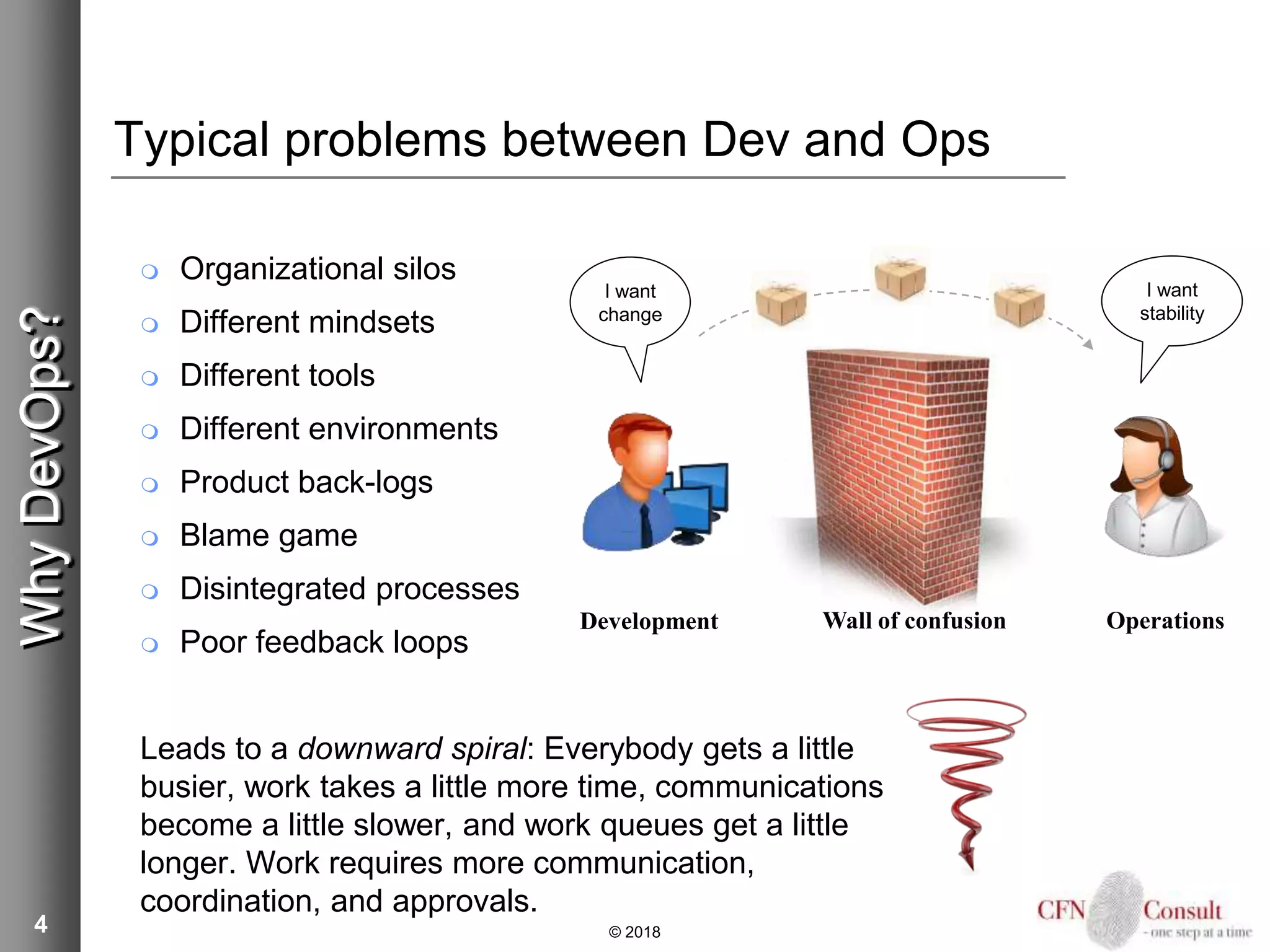 4
Typical problems between Dev and Ops
 Organizational silos
 Different mindsets
 Different tools
 Different environments
 Product back-logs
 Blame game
 Disintegrated processes
 Poor feedback loops
Leads to a downward spiral: Everybody gets a little
busier, work takes a little more time, communications
become a little slower, and work queues get a little
longer. Work requires more communication,
coordination, and approvals.
© 2018
WhyDevOps?
I want
change
I want
stability
Development Wall of confusion Operations
 