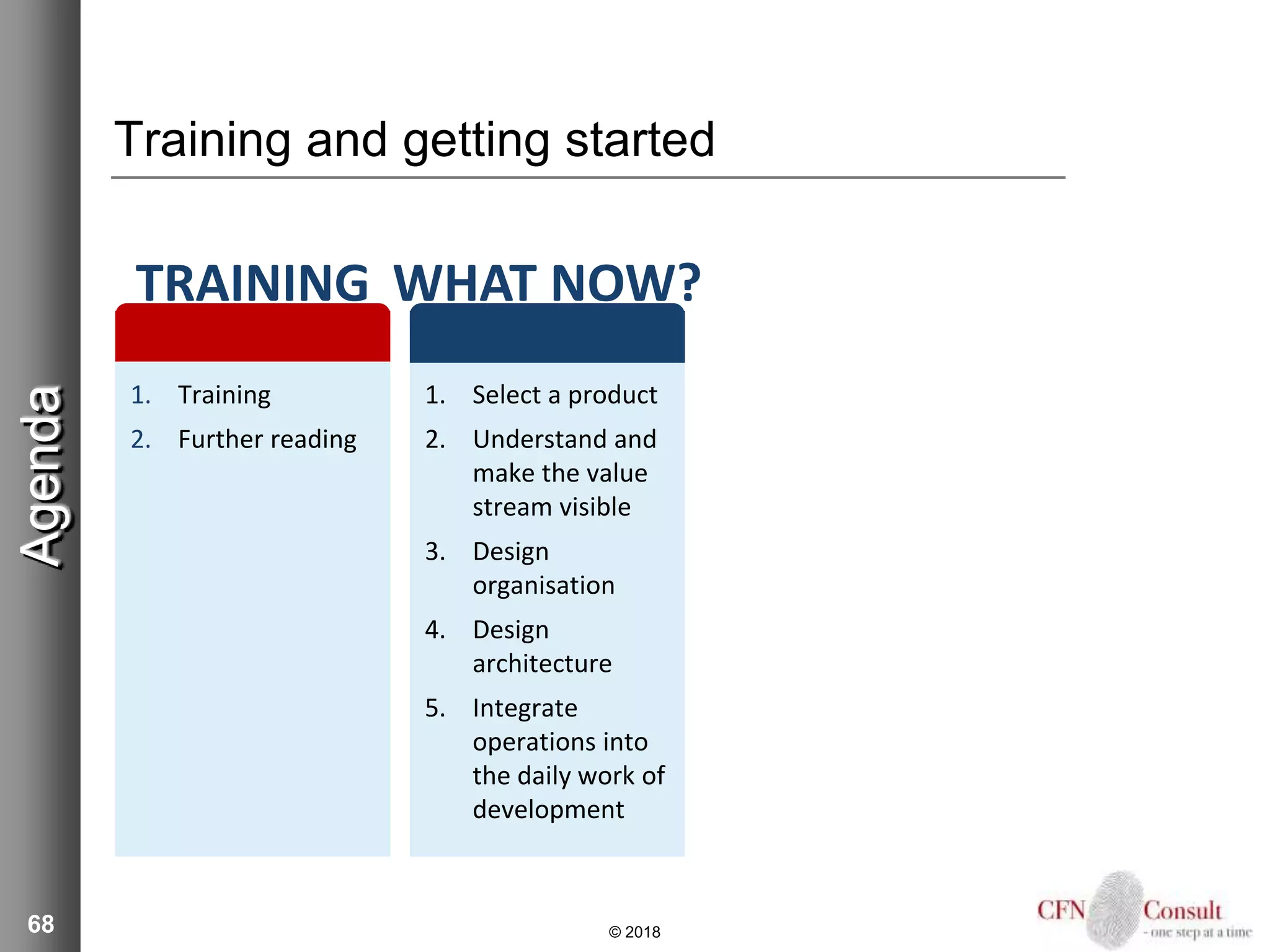 68
Training and getting started
© 2018
Agenda
1. Training
2. Further reading
TRAINING
1. Select a product
2. Understand and
make the value
stream visible
3. Design
organisation
4. Design
architecture
5. Integrate
operations into
the daily work of
development
WHAT NOW?
 