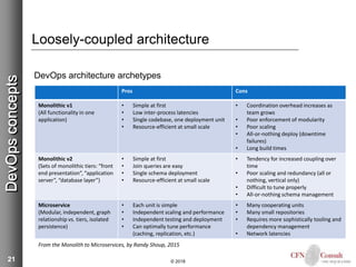 21
Loosely-coupled architecture
DevOps architecture archetypes
© 2018
DevOpsconcepts
Pros Cons
Monolithic v1
(All functionality in one
application)
• Simple at first
• Low inter-process latencies
• Single codebase, one deployment unit
• Resource-efficient at small scale
• Coordination overhead increases as
team grows
• Poor enforcement of modularity
• Poor scaling
• All-or-nothing deploy (downtime
failures)
• Long build times
Monolithic v2
(Sets of monolithic tiers: “front
end presentation”, “application
server”, “database layer”)
• Simple at first
• Join queries are easy
• Single schema deployment
• Resource-efficient at small scale
• Tendency for increased coupling over
time
• Poor scaling and redundancy (all or
nothing, vertical only)
• Difficult to tune properly
• All-or-nothing schema management
Microservice
(Modular, independent, graph
relationship vs. tiers, isolated
persistence)
• Each unit is simple
• Independent scaling and performance
• Independent testing and deployment
• Can optimally tune performance
(caching, replication, etc.)
• Many cooperating units
• Many small repositories
• Requires more sophistically tooling and
dependency management
• Network latencies
From the Monolith to Microservices, by Randy Shoup, 2015
 