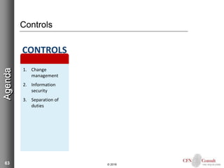 63
Controls
© 2018
Agenda
1. Change
management
2. Information
security
3. Separation of
duties
CONTROLS
 