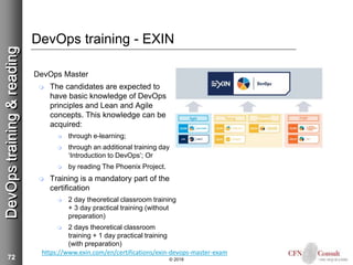 72
DevOps training - EXIN
DevOps Master
 The candidates are expected to
have basic knowledge of DevOps
principles and Lean and Agile
concepts. This knowledge can be
acquired:
 through e-learning;
 through an additional training day
‘Introduction to DevOps’; Or
 by reading The Phoenix Project.
 Training is a mandatory part of the
certification
 2 day theoretical classroom training
+ 3 day practical training (without
preparation)
 2 days theoretical classroom
training + 1 day practical training
(with preparation)
© 2018
DevOpstraining&reading
https://www.exin.com/en/certifications/exin-devops-master-exam
Context
The EXIN DevOps program:
Target Group
DevOps is best known in the field of software development, but the principles are applicable in IT
Service projects and other projects as well. The DevOps Master training and certification is aimed
at all professionals who want to update their knowledge with the latest development in ICT
management.
The EXIN DevOps Master certification is meant for anyone working within a DevOps team or in an
organization that considers the transition to a DevOps way of working. The target group includes:
Application or Service Developers and Product Owners, Agile Scrum Masters, Project Managers,
Test Engineers, Test Managers, IT Service Managers, Process Managers and Lean IT
Practitioners.
Because this certification is on an advanced level some knowledge of or experience in the domains
where DevOps is applied is highly recommended:
EXIN Agile Scrum knowledge gives you an advantage in understanding the agility in the
DevOps way of working.
TPI Next® or TMap Suite® certification will give you the advantage of understanding the
context in which testing is automated and integrated in every step.
 