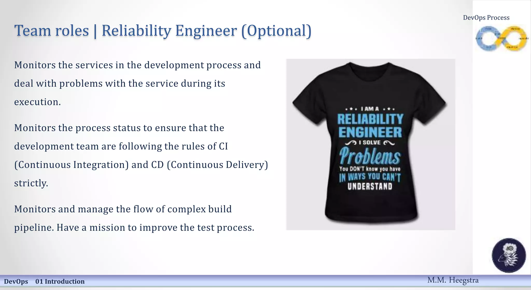Team roles | Reliability Engineer (Optional)
Monitors the services in the development process and
deal with problems with the service during its
execution.
Monitors the process status to ensure that the
development team are following the rules of CI
(Continuous Integration) and CD (Continuous Delivery)
strictly.
Monitors and manage the flow of complex build
pipeline. Have a mission to improve the test process.
DevOps 01 Introduction
DevOps Process
M.M. Heegstra
 