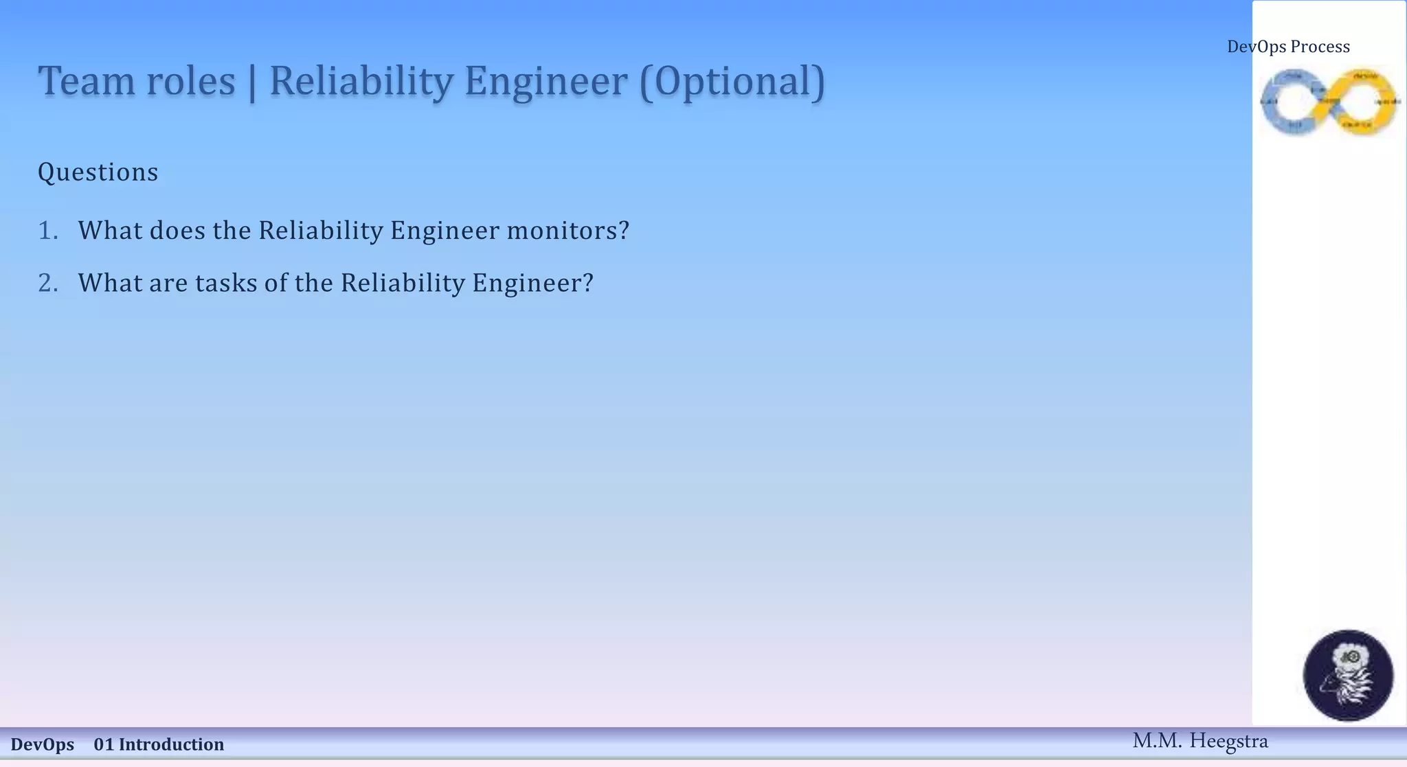 Team roles | Reliability Engineer (Optional)
Questions
1. What does the Reliability Engineer monitors?
2. What are tasks of the Reliability Engineer?
DevOps 01 Introduction
DevOps Process
M.M. Heegstra
 