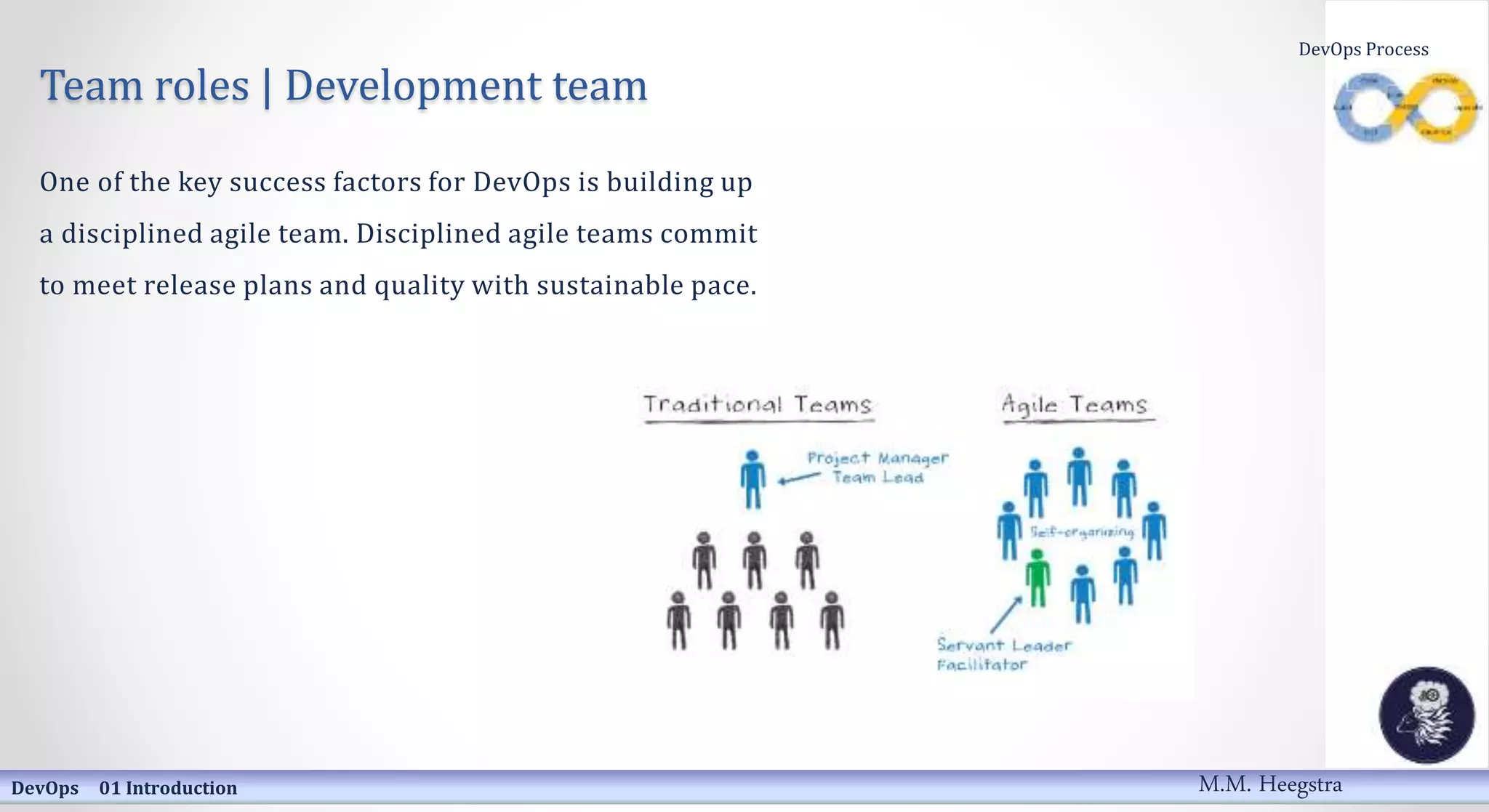 Team roles | Development team
One of the key success factors for DevOps is building up
a disciplined agile team. Disciplined agile teams commit
to meet release plans and quality with sustainable pace.
DevOps 01 Introduction
DevOps Process
M.M. Heegstra
 