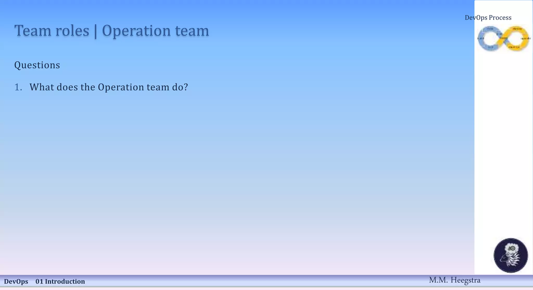 Team roles | Operation team
Questions
1. What does the Operation team do?
DevOps 01 Introduction
DevOps Process
M.M. Heegstra
 