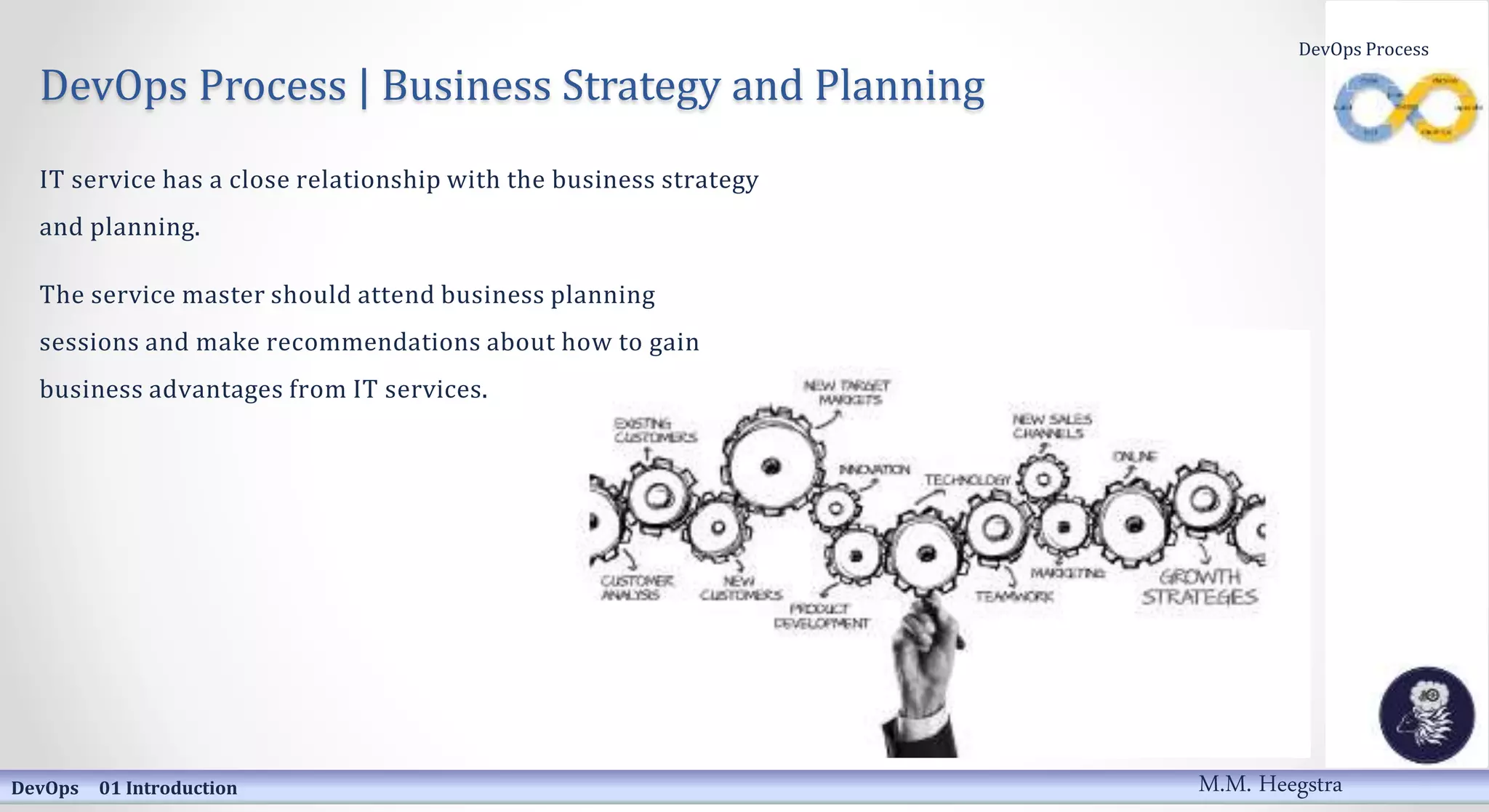 DevOps Process | Business Strategy and Planning
IT service has a close relationship with the business strategy
and planning.
The service master should attend business planning
sessions and make recommendations about how to gain
business advantages from IT services.
DevOps 01 Introduction
DevOps Process
M.M. Heegstra
 