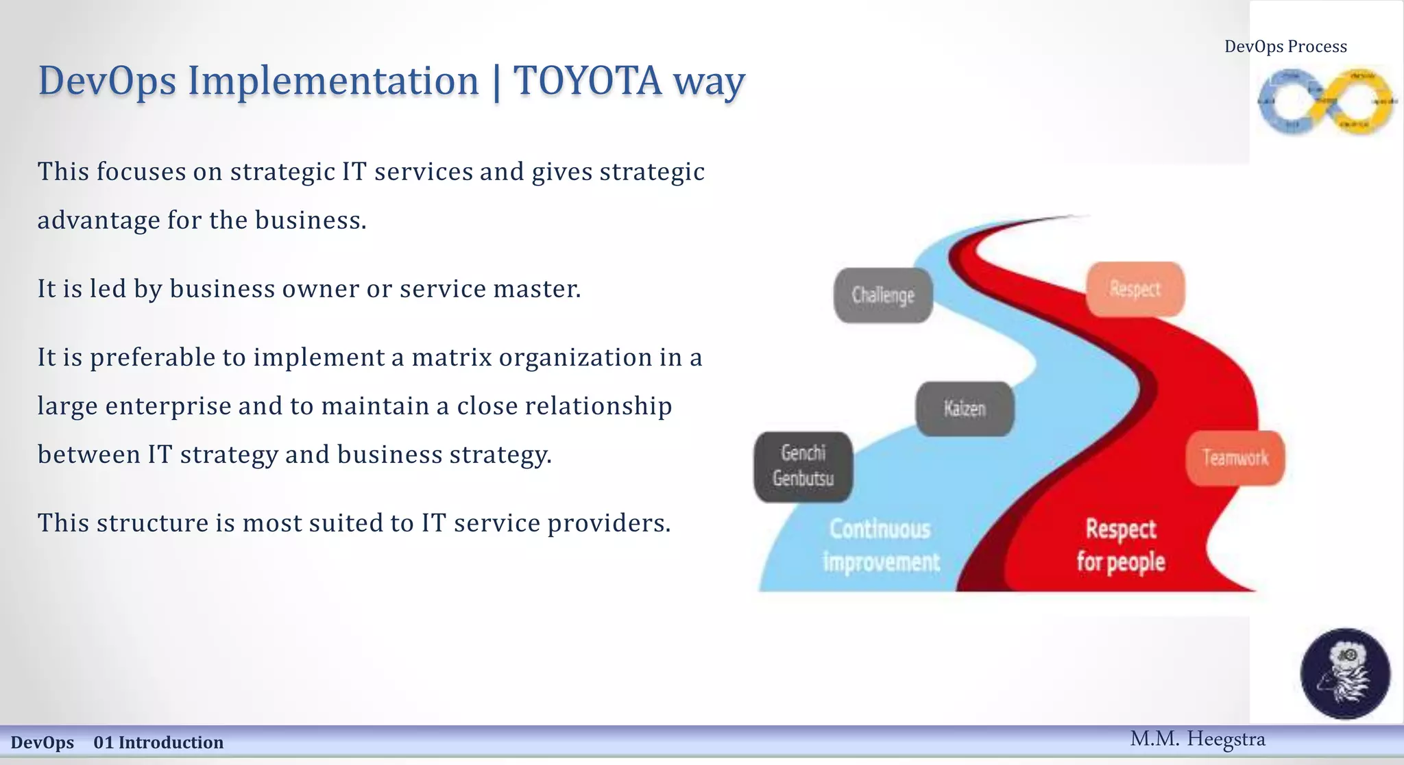 DevOps Implementation | TOYOTA way
This focuses on strategic IT services and gives strategic
advantage for the business.
It is led by business owner or service master.
It is preferable to implement a matrix organization in a
large enterprise and to maintain a close relationship
between IT strategy and business strategy.
This structure is most suited to IT service providers.
DevOps 01 Introduction
DevOps Process
M.M. Heegstra
 