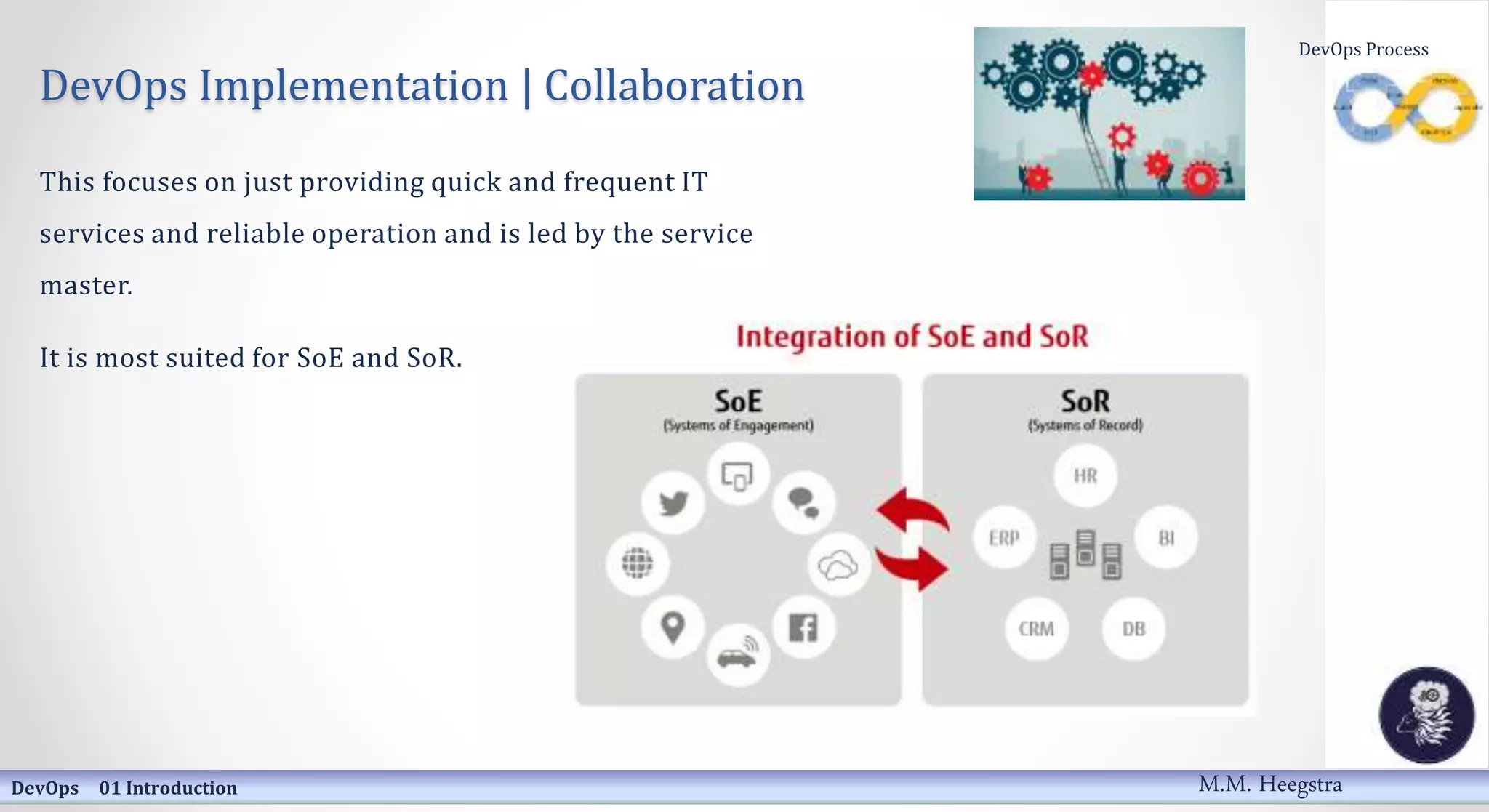 DevOps Implementation | Collaboration
This focuses on just providing quick and frequent IT
services and reliable operation and is led by the service
master.
It is most suited for SoE and SoR.
DevOps 01 Introduction
DevOps Process
M.M. Heegstra
 