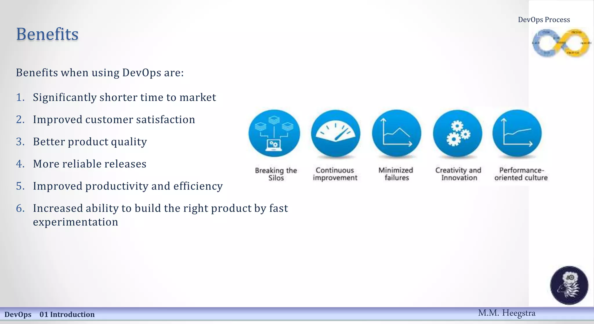 Benefits
Benefits when using DevOps are:
1. Significantly shorter time to market
2. Improved customer satisfaction
3. Better product quality
4. More reliable releases
5. Improved productivity and efficiency
6. Increased ability to build the right product by fast
experimentation
DevOps 01 Introduction
DevOps Process
M.M. Heegstra
 