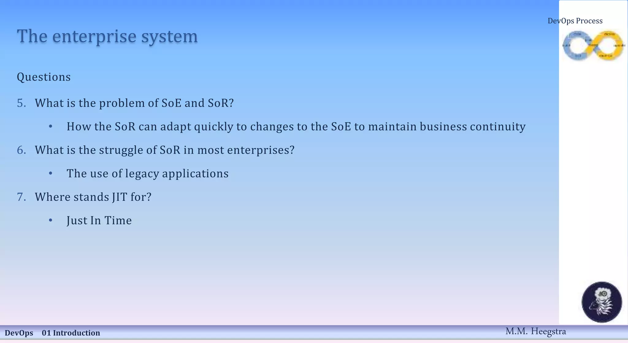 The enterprise system
Questions
5. What is the problem of SoE and SoR?
• How the SoR can adapt quickly to changes to the SoE to maintain business continuity
6. What is the struggle of SoR in most enterprises?
• The use of legacy applications
7. Where stands JIT for?
• Just In Time
DevOps 01 Introduction
DevOps Process
M.M. Heegstra
 
