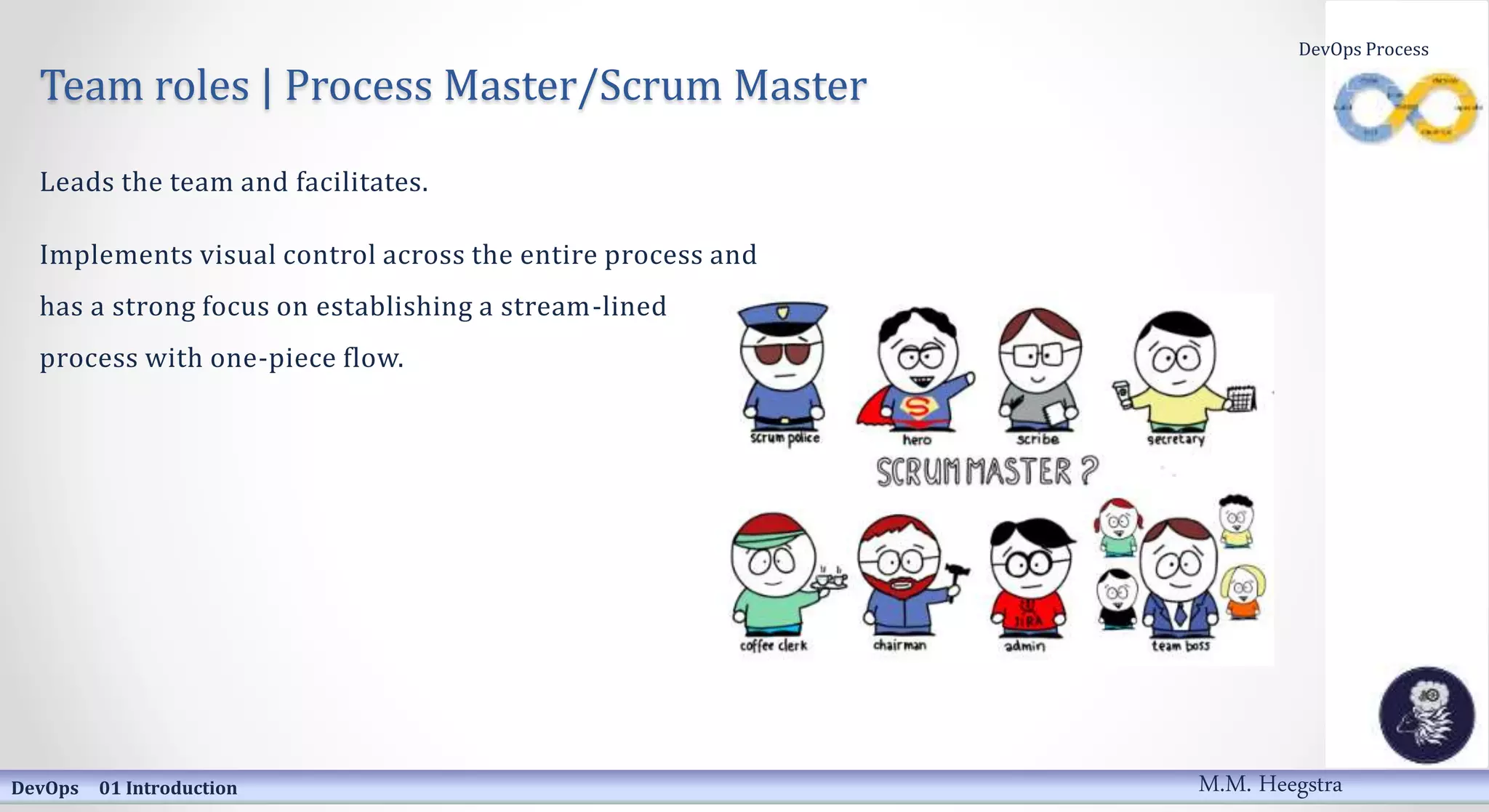Team roles | Process Master/Scrum Master
Leads the team and facilitates.
Implements visual control across the entire process and
has a strong focus on establishing a stream-lined
process with one-piece flow.
DevOps 01 Introduction
DevOps Process
M.M. Heegstra
 