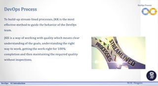 DevOps Process
To build-up stream-lined processes, JKK is the most
effective method to guide the behavior of the DevOps
team.
JKK is a way of working with quality which means clear
understanding of the goals, understanding the right
way to work, getting the work right for 100%
completion and then maintaining the required quality
without inspections.
DevOps 01 Introduction
DevOps Process
M.M. Heegstra
 
