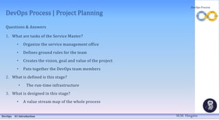 DevOps Process | Project Planning
Questions & Answers
1. What are tasks of the Service Master?
• Organize the service management office
• Defines ground rules for the team
• Creates the vision, goal and value of the project
• Puts together the DevOps team members
2. What is defined is this stage?
• The run-time infrastructure
3. What is designed in this stage?
• A value stream map of the whole process
DevOps 01 Introduction
DevOps Process
M.M. Heegstra
 