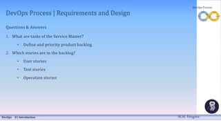 DevOps Process | Requirements and Design
Questions & Answers
1. What are tasks of the Service Master?
• Define and priority product backlog
2. Which stories are in the backlog?
• User stories
• Test stories
• Operation stories
DevOps 01 Introduction
DevOps Process
M.M. Heegstra
 