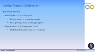 DevOps Process | Deployment
Questions & Answers
3. What are tasks of the Gatekeeper?
• Monitor progress across the process
• Make go/no go decision about going live
4. What are tasks of the Operations Team?
• Study how to maintain business continuity
DevOps 01 Introduction
DevOps Process
M.M. Heegstra
 