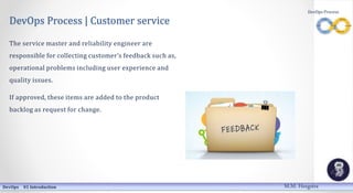 DevOps Process | Customer service
The service master and reliability engineer are
responsible for collecting customer’s feedback such as,
operational problems including user experience and
quality issues.
If approved, these items are added to the product
backlog as request for change.
DevOps 01 Introduction
DevOps Process
M.M. Heegstra
 