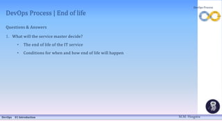 DevOps Process | End of life
Questions & Answers
1. What will the service master decide?
• The end of life of the IT service
• Conditions for when and how end of life will happen
DevOps 01 Introduction
DevOps Process
M.M. Heegstra
 