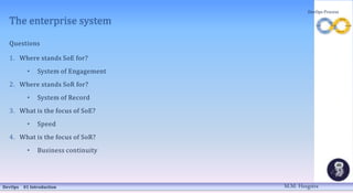The enterprise system
Questions
1. Where stands SoE for?
• System of Engagement
2. Where stands SoR for?
• System of Record
3. What is the focus of SoE?
• Speed
4. What is the focus of SoR?
• Business continuity
DevOps 01 Introduction
DevOps Process
M.M. Heegstra
 
