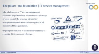 The pillars and foundation | IT service management
Like all elements of IT service management,
successful implementation of the service continuity
process can only be achieved with senior
management commitment and the support of all
members of the organization.
Ongoing maintenance of the recovery capability is
essential if it is to remain effective.
DevOps 01 Introduction
DevOps Process
M.M. Heegstra
 