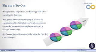 DevOps Process
The use of DevOps
DevOps is not a single tools, methodology, skill set or
organization structure.
DevOps is a framework combining all of these for
organizations to establish stream-lined processes to
enable the business to operate faster and react to
changes more quickly.
DevOps can also enable maturity by using the Plan-Do-
Check-Act cycle.
DevOps 01 Introduction M.M. Heegstra
 