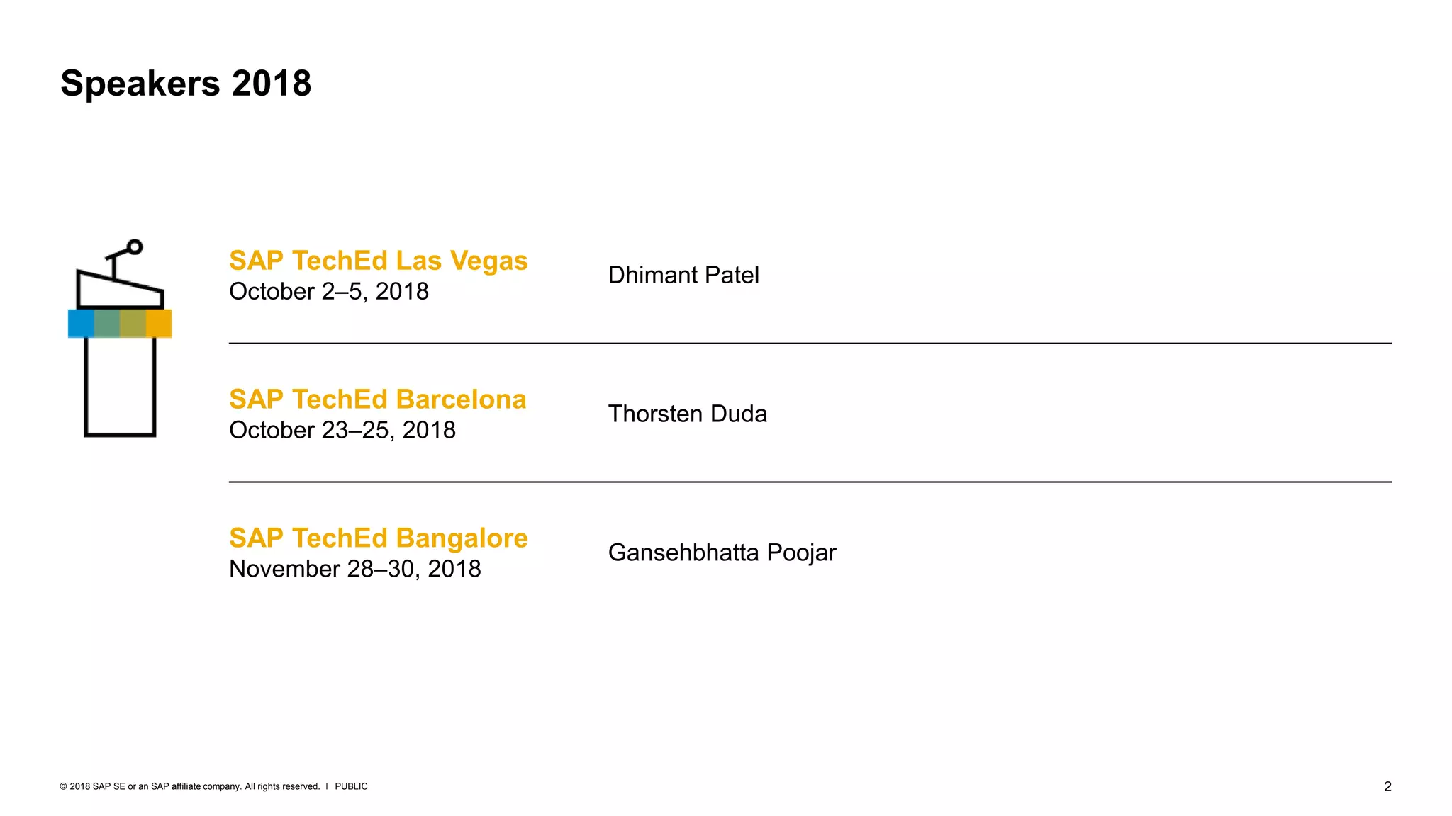 2PUBLIC© 2018 SAP SE or an SAP affiliate company. All rights reserved. ǀ
Speakers 2018
SAP TechEd Las Vegas
October 2–5, 2018
Dhimant Patel
SAP TechEd Barcelona
October 23–25, 2018
Thorsten Duda
SAP TechEd Bangalore
November 28–30, 2018
Gansehbhatta Poojar
 