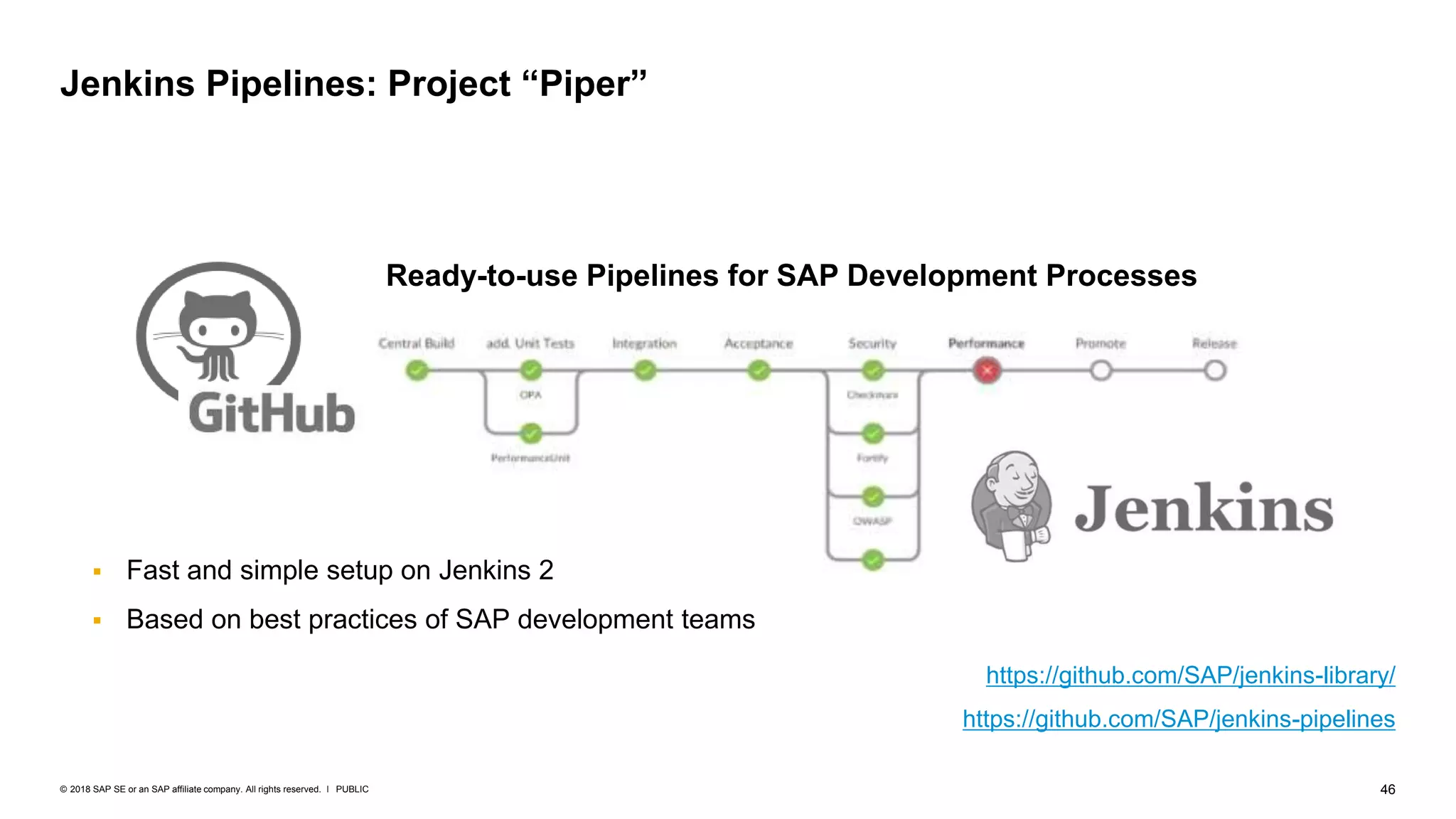 46PUBLIC© 2018 SAP SE or an SAP affiliate company. All rights reserved. ǀ
Jenkins Pipelines: Project “Piper”
Ready-to-use Pipelines for SAP Development Processes
https://github.com/SAP/jenkins-library/
https://github.com/SAP/jenkins-pipelines
 Fast and simple setup on Jenkins 2
 Based on best practices of SAP development teams
 