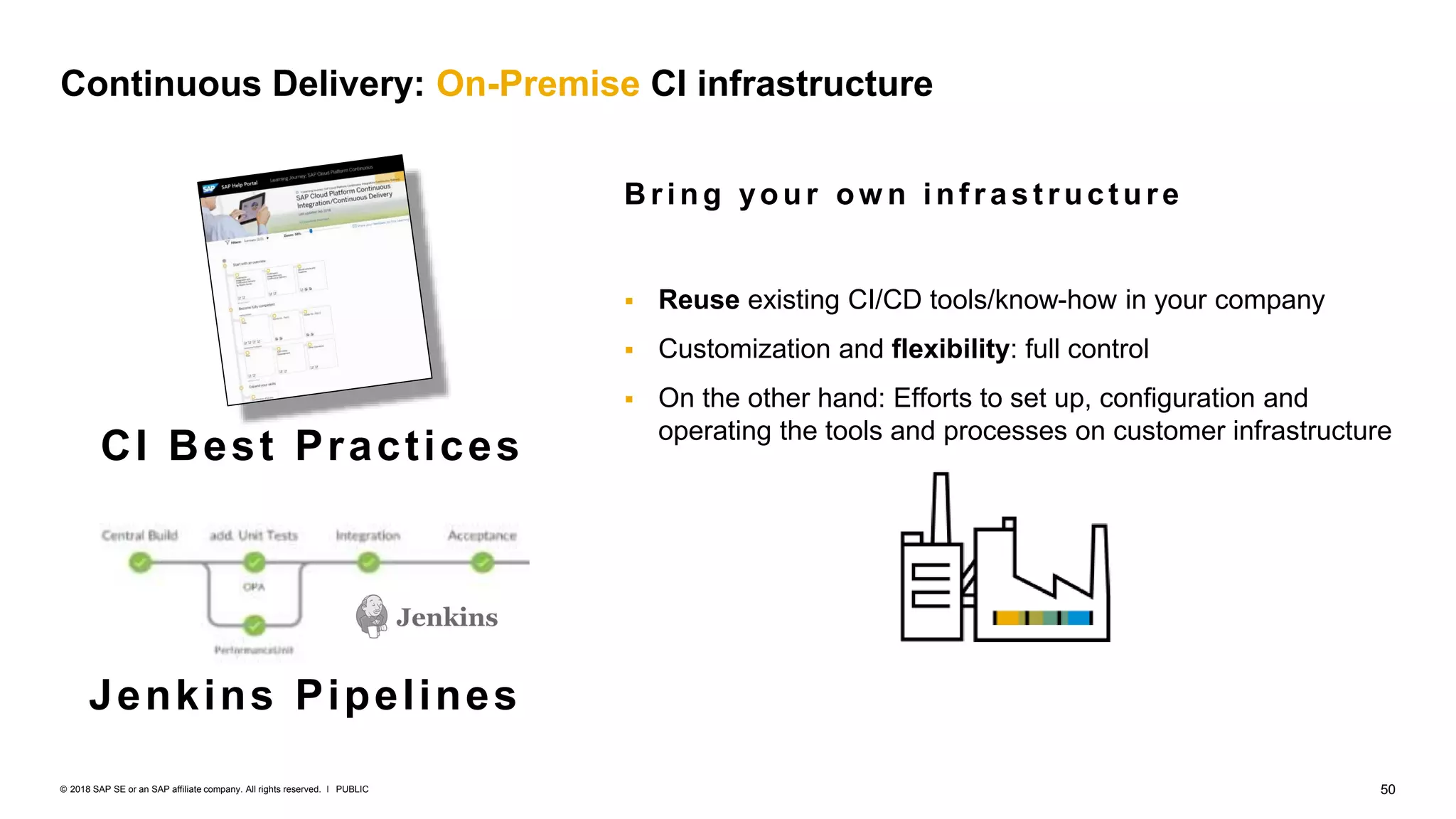 50PUBLIC© 2018 SAP SE or an SAP affiliate company. All rights reserved. ǀ
Continuous Delivery: On-Premise CI infrastructure
Jenkins Pipelines
CI Best Practices
B ring your ow n inf rast ruct ure
 Reuse existing CI/CD tools/know-how in your company
 Customization and flexibility: full control
 On the other hand: Efforts to set up, configuration and
operating the tools and processes on customer infrastructure
 