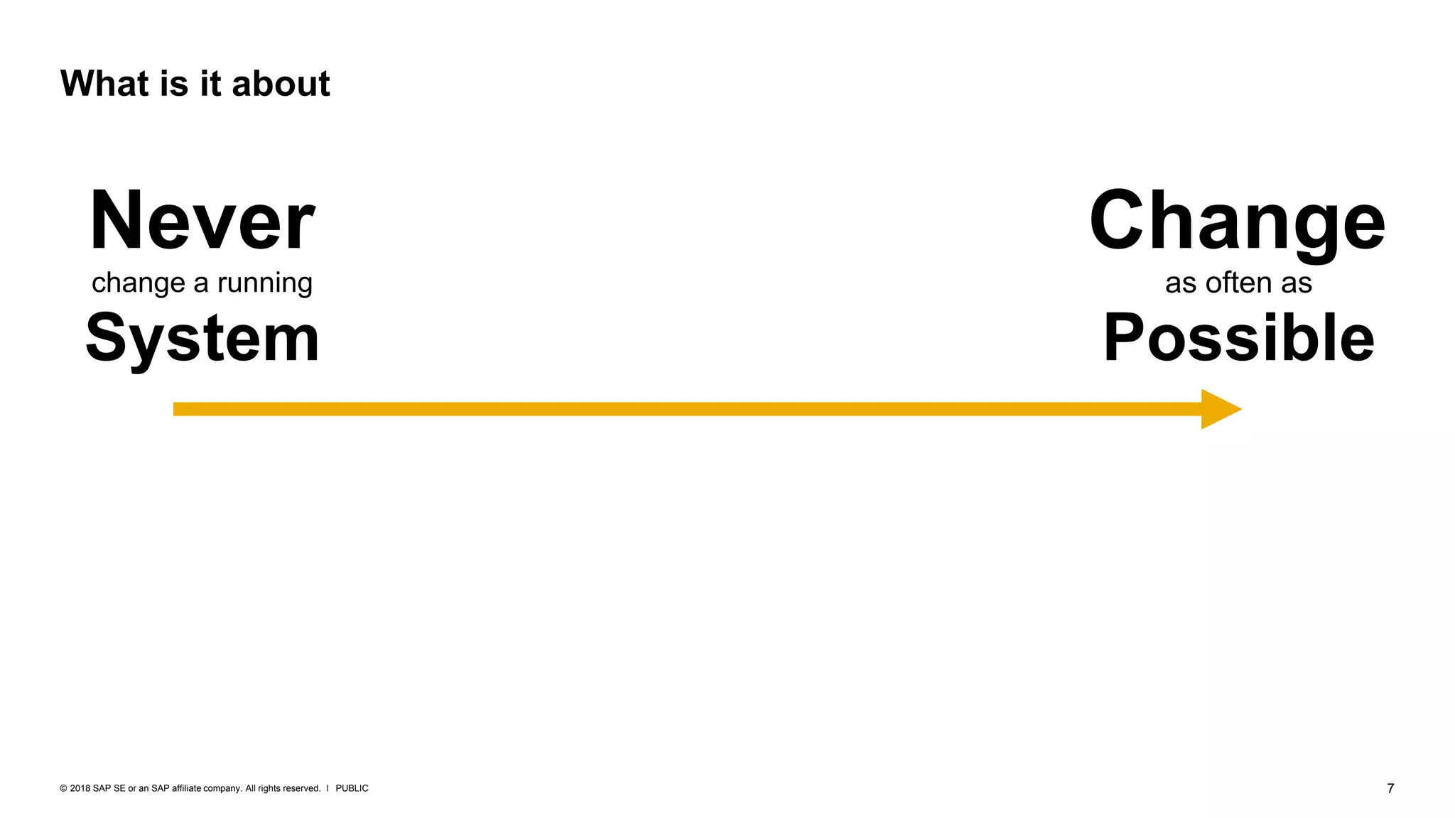7PUBLIC© 2018 SAP SE or an SAP affiliate company. All rights reserved. ǀ
What is it about
Never
change a running
System
Change
as often as
Possible
 