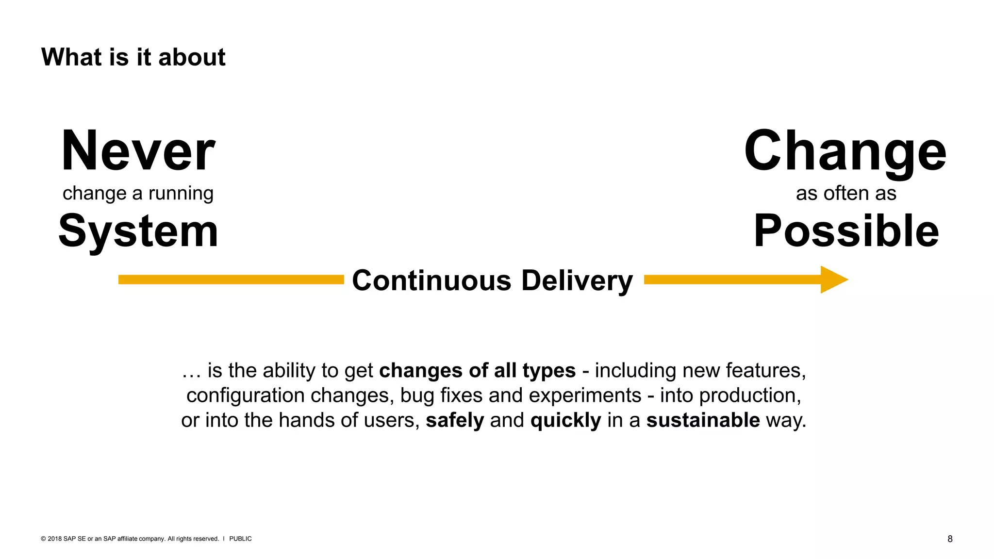 8PUBLIC© 2018 SAP SE or an SAP affiliate company. All rights reserved. ǀ
What is it about
Never
change a running
System
Change
as often as
Possible
Continuous Delivery
… is the ability to get changes of all types - including new features,
configuration changes, bug fixes and experiments - into production,
or into the hands of users, safely and quickly in a sustainable way.
 
