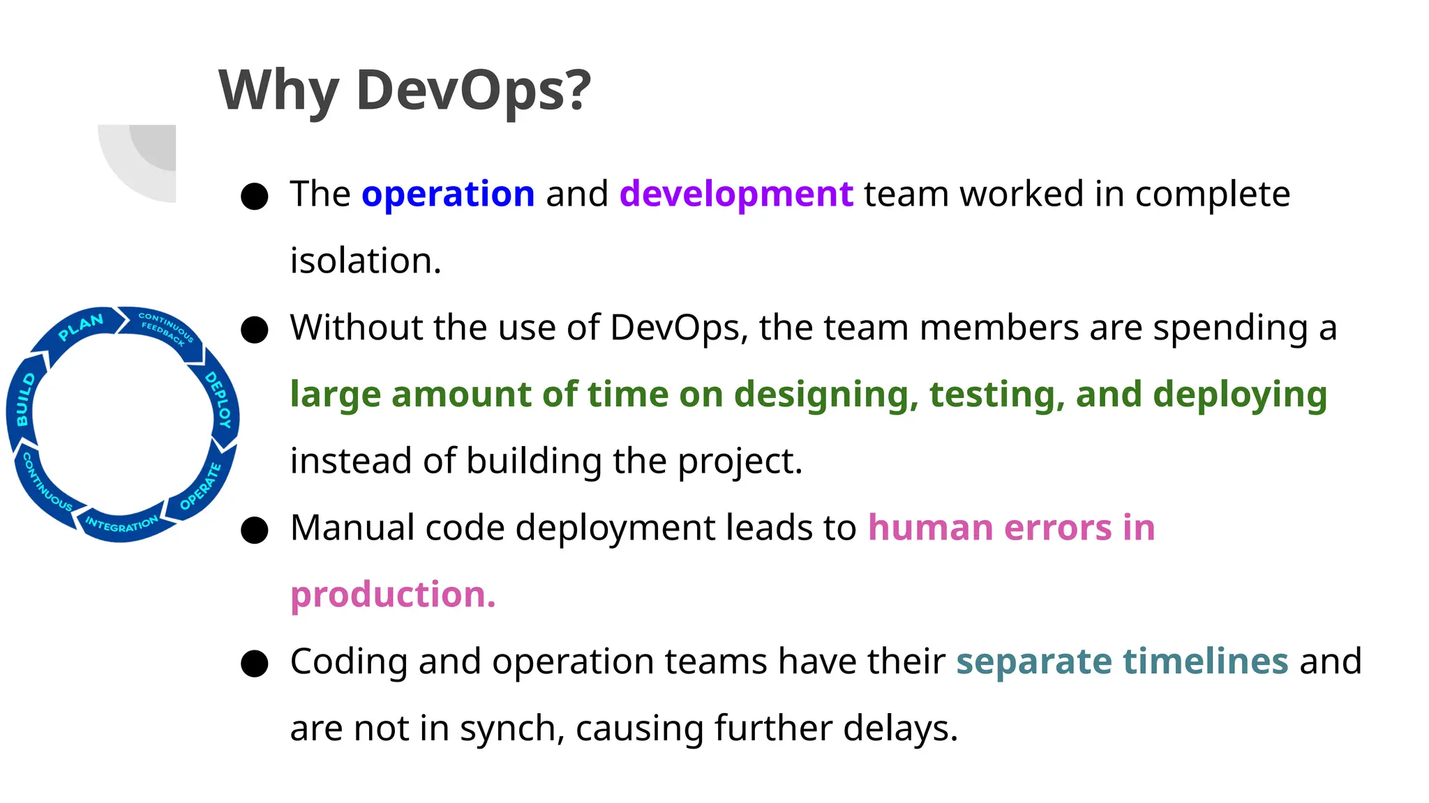 Why DevOps?
● The operation and development team worked in complete
isolation.
● Without the use of DevOps, the team members are spending a
large amount of time on designing, testing, and deploying
instead of building the project.
● Manual code deployment leads to human errors in
production.
● Coding and operation teams have their separate timelines and
are not in synch, causing further delays.
 