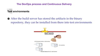 The DevOps process and Continuous Delivery
Test environments
● After the build server has stored the artifacts in the binary
repository, they can be installed from there into test environments
 