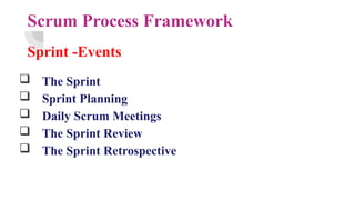 Scrum Process Framework
Sprint -Events
 The Sprint
 Sprint Planning
 Daily Scrum Meetings
 The Sprint Review
 The Sprint Retrospective
 