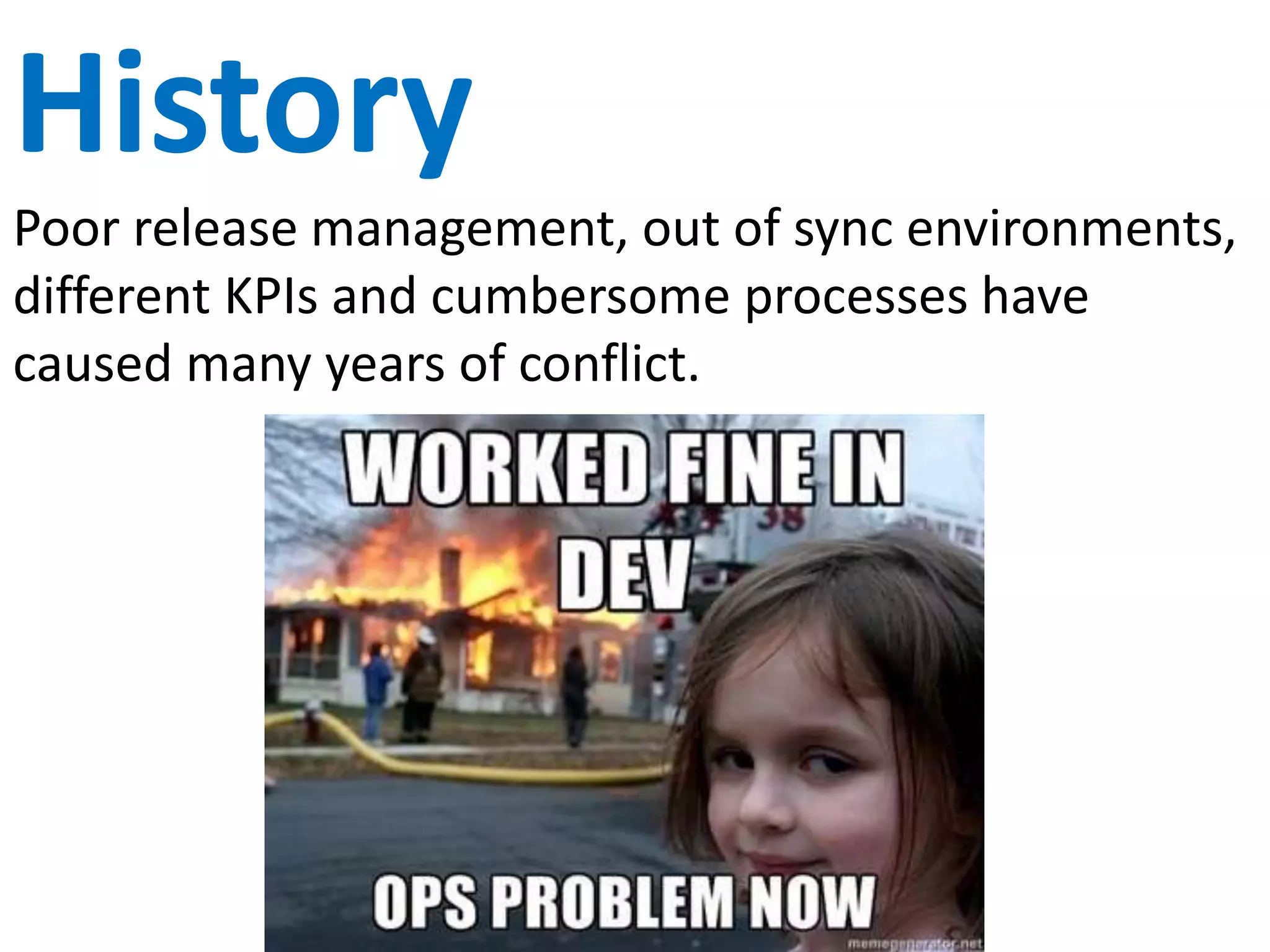 Ops
IT Operations grew up with BOFH (and enjoyed it)
Our KPIs are for stability/uptime. Any change is a risk.
Our role is to protect developers from themselves.
Viewed by Dev as the Evil Empire
 