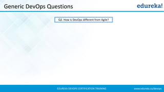 www.edureka.co/devopsEDUREKA DEVOPS CERTIFICATION TRAINING
Generic DevOps Questions
Q2. How is DevOps different from Agile?
 