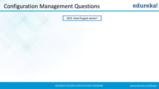 www.edureka.co/devopsEDUREKA DEVOPS CERTIFICATION TRAINING
Configuration Management Questions
Q19. How Puppet works?
 