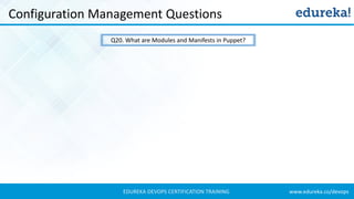 www.edureka.co/devopsEDUREKA DEVOPS CERTIFICATION TRAINING
Configuration Management Questions
Q20. What are Modules and Manifests in Puppet?
 