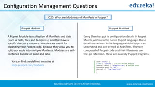 www.edureka.co/devopsEDUREKA DEVOPS CERTIFICATION TRAINING
Configuration Management Questions
Q20. What are Modules and Manifests in Puppet?
Puppet Module
A Puppet Module is a collection of Manifests and data
(such as facts, files, and templates), and they have a
specific directory structure. Modules are useful for
organizing your Puppet code, because they allow you to
split your code into multiple Manifests. Modules are self-
contained bundles of code and data.
You can find pre-defined modules at
forge.puppet.com/modules
Puppet Manifest
Every Slave has got its configuration details in Puppet
Master, written in the native Puppet language. These
details are written in the language which Puppet can
understand and are termed as Manifests. They are
composed of Puppet code and their filenames use
the .pp extension. These are basically Puppet programs.
 