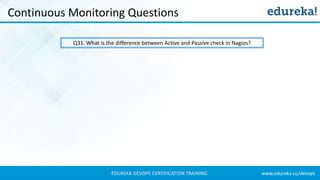www.edureka.co/devopsEDUREKA DEVOPS CERTIFICATION TRAINING
Continuous Monitoring Questions
Q31. What is the difference between Active and Passive check in Nagios?
 