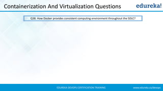 www.edureka.co/devopsEDUREKA DEVOPS CERTIFICATION TRAINING
Containerization And Virtualization Questions
Q38. How Docker provides consistent computing environment throughout the SDLC?
 