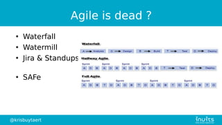 @krisbuytaert
Agile is dead ?
●
Waterfall
●
Watermill
●
Jira & Standups
●
SAFe
 