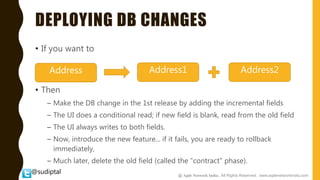 @sudiptal
DEPLOYING DB CHANGES
• If you want to
• Then
– Make the DB change in the 1st release by adding the incremental fields
– The UI does a conditional read; if new field is blank, read from the old field
– The UI always writes to both fields.
– Now, introduce the new feature... if it fails, you are ready to rollback
immediately,
– Much later, delete the old field (called the "contract" phase).
Address Address1 Address2
@ Agile Network India , All Rights Reserved. www.agilenetworkindia.com
 