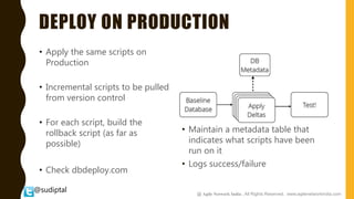 @sudiptal
DEPLOY ON PRODUCTION
• Apply the same scripts on
Production
• Incremental scripts to be pulled
from version control
• For each script, build the
rollback script (as far as
possible)
• Check dbdeploy.com
• Maintain a metadata table that
indicates what scripts have been
run on it
• Logs success/failure
@ Agile Network India , All Rights Reserved. www.agilenetworkindia.com
 