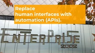 31
Replace
human interfaces with
automation (APIs).
 