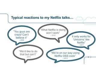 Typical reactions to my Netflix talks… 
“You guys are 
crazy! Can’t 
believe it” 
– 2009 
“What Netflix is doing 
won’t wo...