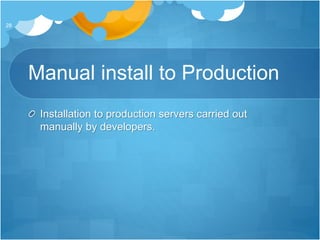 Manual install to Production
Installation to production servers carried out
manually by developers.
28
 