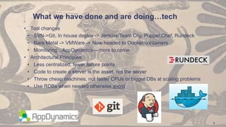 What we have done and are doing…tech
• Tool changes
• SVN->Git, In house deploy -> Jenkins/Team City, Puppet,Chef, Rundeck
• Bare Metal -> VMWare -> Now headed to Docker/containers
• Monitoring…AppDynamics – more to come
• Architectural Principles
• Less centralized, fewer failure points
• Code to create a server is the asset, not the server
• Throw cheap machines, not faster CPUs or bigger DBs at scaling problems
• Use RDBs when needed otherwise avoid
8
 